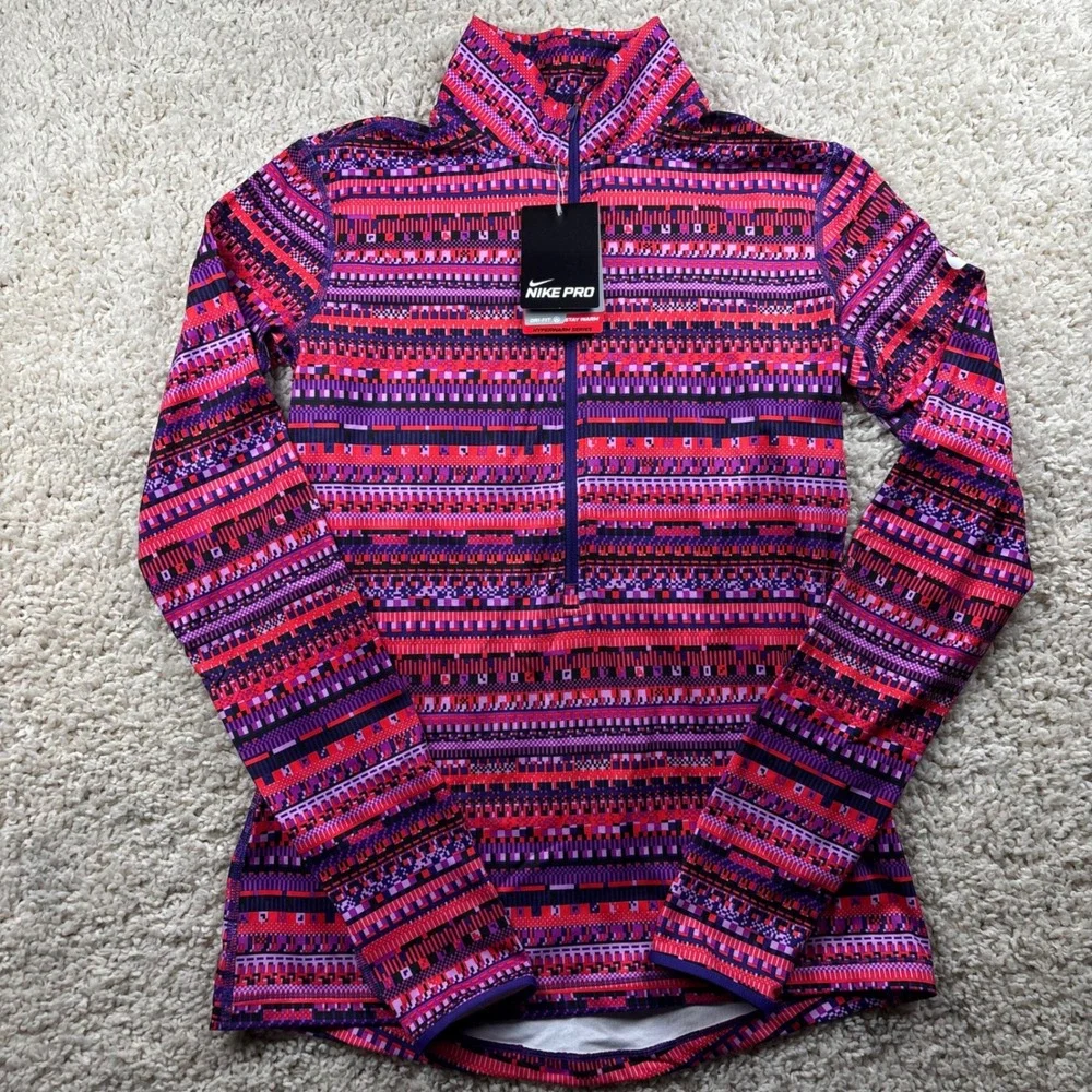 NWT Nike Pro Womens 1/4 Zip Pullover M Pink Hyperwarm Dri-Fit Geometric Training